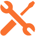 Orange silhouette of a wrench and a screwdriver crossed over each other on a black background.