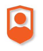An orange shield-shaped icon with a person silhouette inside, set against a black background.