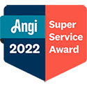 Angi 2022 Super Service Award badge with blue and orange sections and white text.
