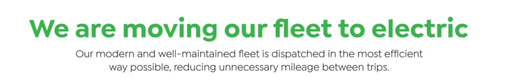 Text reads: "About us: We are moving our fleet to electric. Our modern and well-maintained fleet is dispatched in the most efficient way possible, reducing unnecessary mileage between trips.