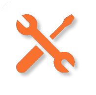 An orange wrench and screwdriver crossed over each other on a black background.