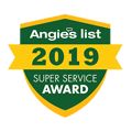 Angie's List 2019 Super Service Award badge with green and yellow colors, showcasing our commitment to excellence—learn more on our About Us page.