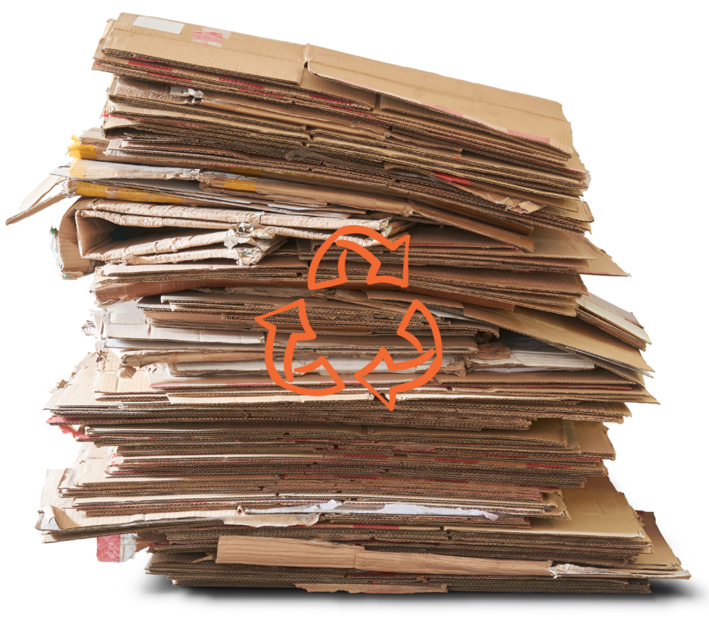 Stack of flattened cardboard boxes with a recycling symbol overlayed on top, reflecting our commitment to sustainability. Learn more about us and our eco-friendly practices.