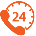 Orange icon of a telephone handset in front of a clock face with the number 24, indicating 24-hour phone support or service.