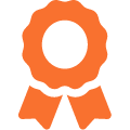 Solid orange ribbon award icon with two tails, viewed from the front on a transparent background.