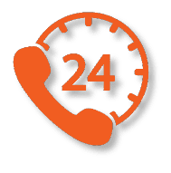 Orange phone handset and clock icon with the number 24 in the center, indicating 24-hour phone service, on a black background.