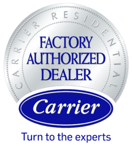 Silver badge reading "Factory Authorized Dealer" with the Carrier logo and the slogan "Turn to the experts" below. Text also includes "Carrier Residential" around the edge.