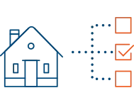 Outline of a house connected by a dotted line to three checkboxes, with the middle checkbox marked with an orange check, representing steps toward obtaining a generator installation quote.