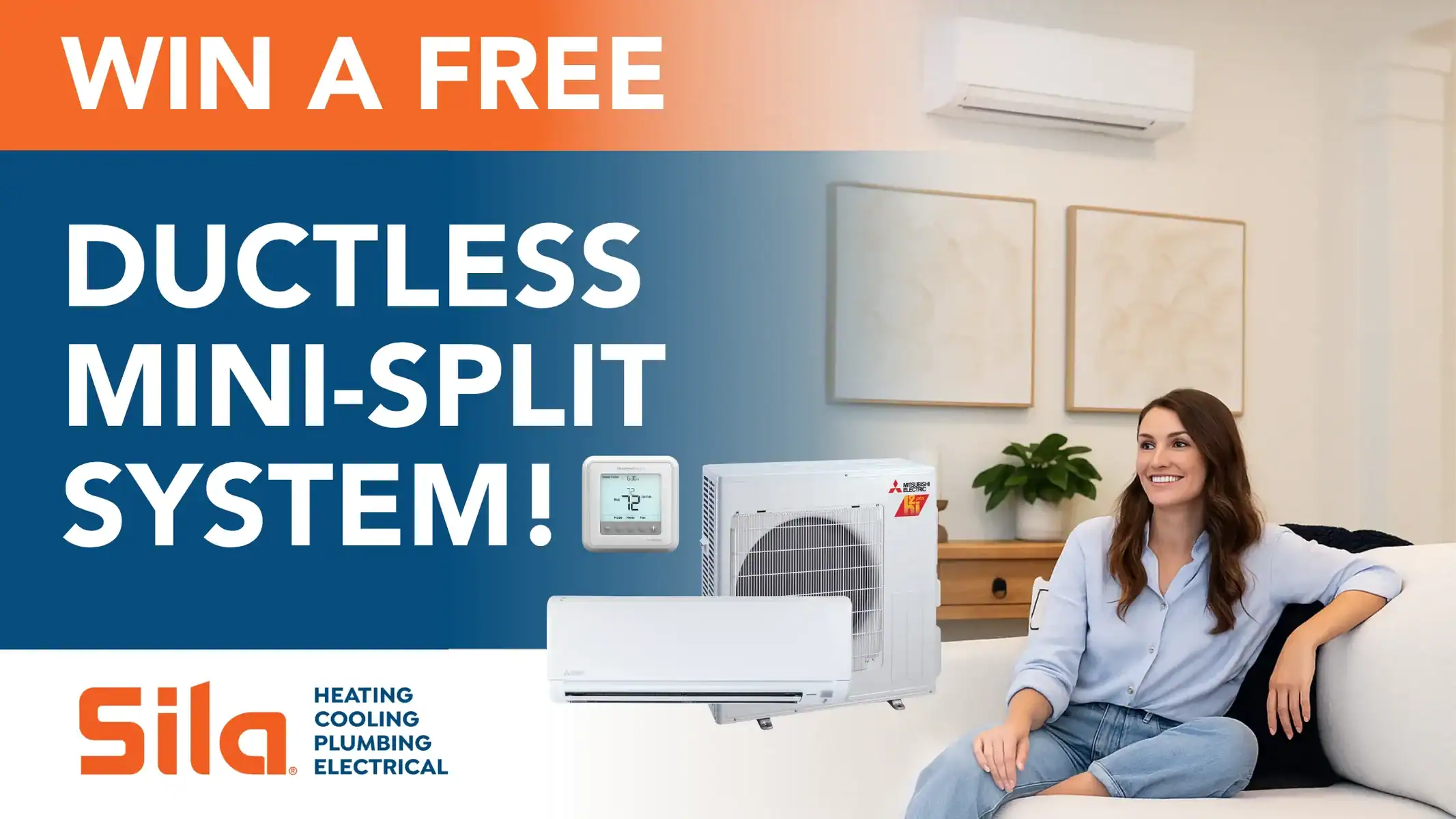 Woman sitting on a couch beneath a wall-mounted air conditioning unit, next to text announcing Sila Heating Cooling Plumbing Electrical’s June Giveaway for a chance to win a free ductless mini-split system.