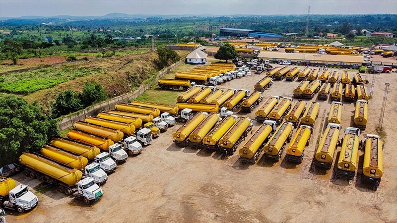 Fleet of fuel tankers and trucks at BOVAS Group logistics yard.