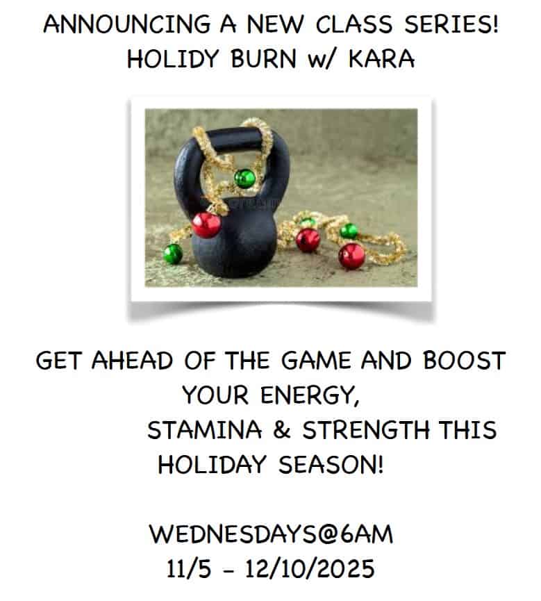 Kettlebell with holiday decorations promoting fitness classes at Bay-O-Vista Swim & Tennis Club.