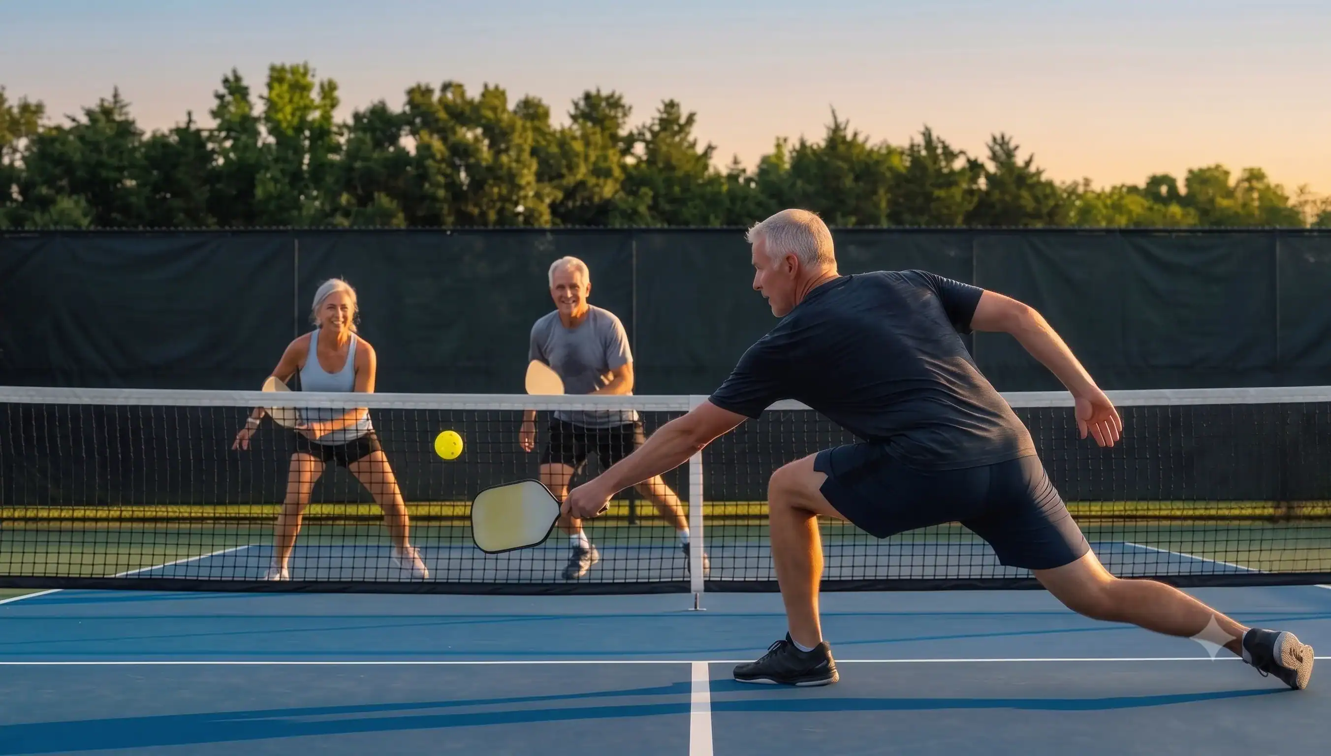 Group of three seniors playing pickleball at Bay-O-Vista Swim & Tennis Club during sunset.