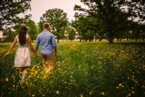 A couple holds hands while walking through a green field with yellow wildflowers and trees in the background, beautifully captured by an Eau Claire Wedding Photographer.