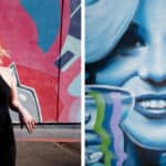 Two pictures of a couple posing in front of a mural.