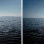 Two pictures of a man standing on a dock in the water.