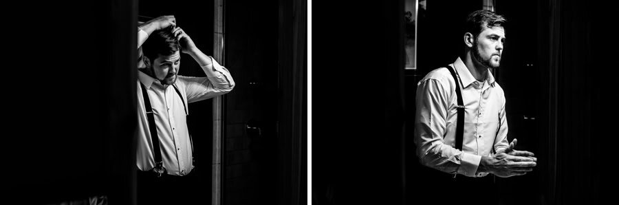 Two black and white photos of a man standing in a doorway.