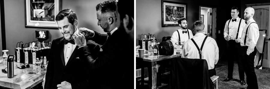 A man is getting ready in a tuxedo.