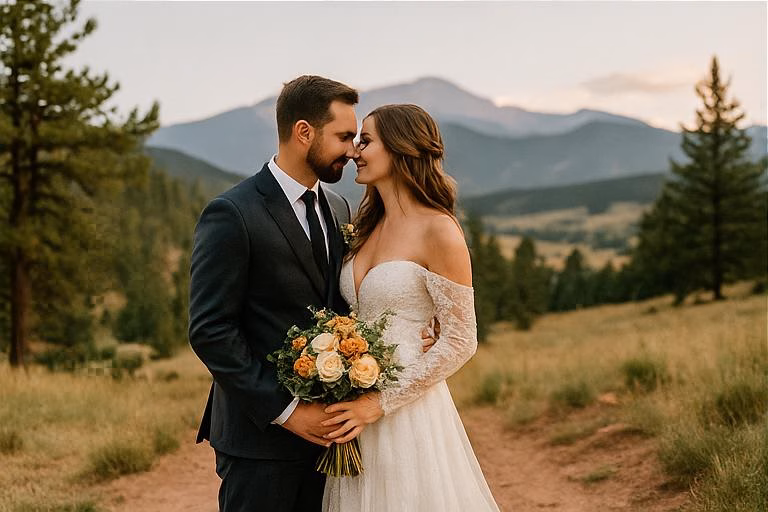 A bride and groom stand close together on a dirt path in a grassy, mountainous landscape, holding a bouquet of flowers, capturing the rustic charm of a Church Ranch Event Center Wedding.