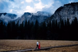 Two people walk along a wooden path in a field with pine trees and misty mountains in the background, reminiscent of a serene Somerby Golf Club Wedding, under a cloudy sky.
