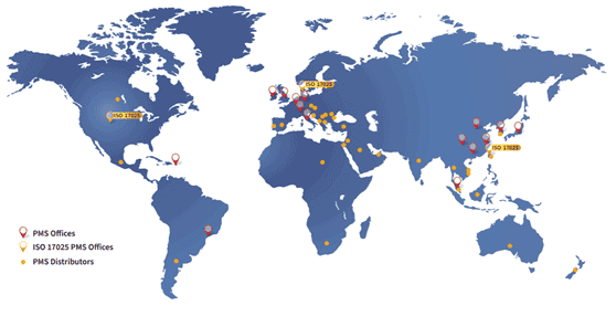 world map of PMS service and sales locations and distributors. blue