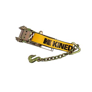 Heavy-duty industrial ratchet strap with chain and yellow "KNEK" label for secure cargo tie-downs.