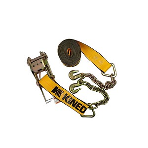 Heavy-duty tow strap with hooks and chain for vehicle recovery and towing services.