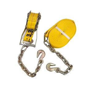 Yellow towing strap with chains for vehicle recovery and transport. Durable, high-quality safety equipment for roadside assistance.