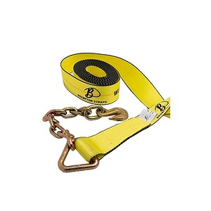 Heavy-duty yellow vehicle tow strap with metal shackle for towing and recovery.
