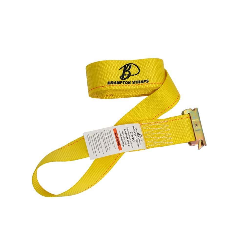 Bright yellow safety strap with heavy-duty metal buckle for industrial use.