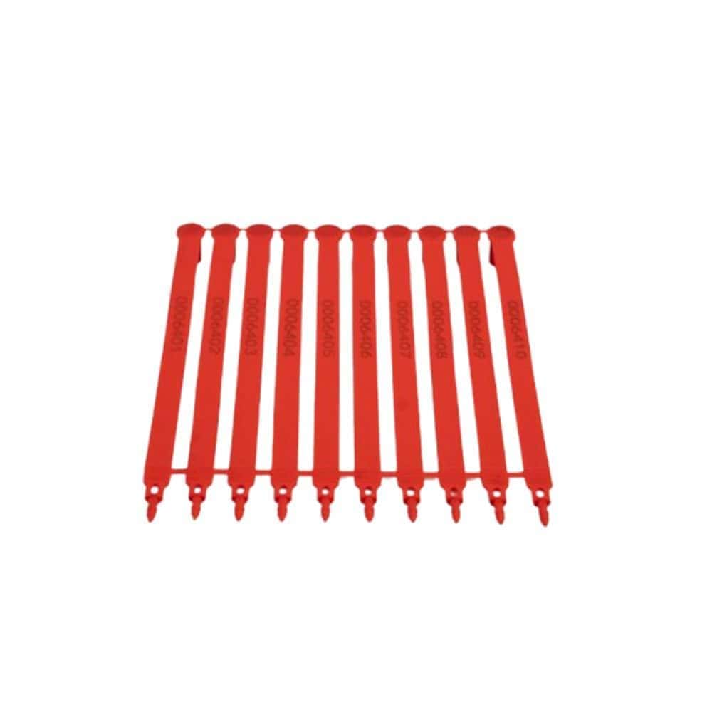 Red plastic cable tie tags for Brampton straps and hardware supplies.