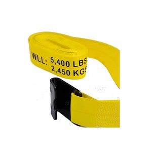 Heavy-duty lifting strap with black safety buckle for industrial use.