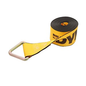 Yellow lifting strap with metal hook for heavy-duty safety lifting.