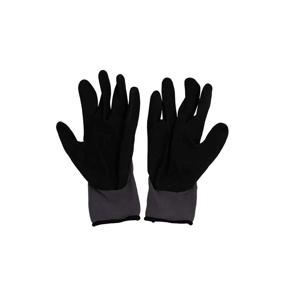 Black work gloves with textured palms for safety and durability. Perfect for industrial or gardening tasks.