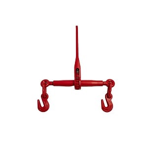 Red lifting sling harness with hooks for industrial safety and rigging.