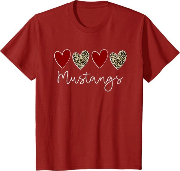 Mustangs Team School Spirit Sports Leopard Hearts In Maroon T-Shirt - Image 40
