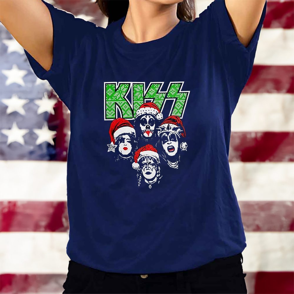 Kiss Debut Album Cover With Santa Hats Kissmas Green Logo Christmas T-Shirt 4 Kiss Debut Album Cover With Santa Hats Kissmas Green Logo Christmas T-Shirts