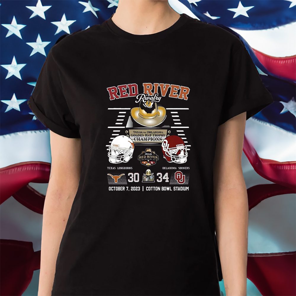 Red River Rivalry Texas Vs Oklahoma Golden Hat Trophy Champions Texas Longhorns 30 Oklahoma Sooners 34 October 7 2023 Cotton Bowl Stadium T-Shirt 4 Red River Rivalry Texas Vs Oklahoma Golden Hat Trophy Champions Texas Longhorns 30 Oklahoma Sooners 34 October 7 2023 Cotton Bowl Stadium Shirt