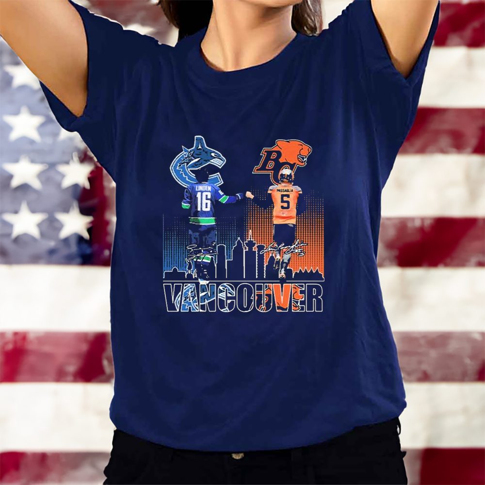 Vancouver Canucks Linden and BC Lions Passaglia 2023 Signatures T-Shirt 4 Vancouver Canucks Linden and BC Lions Passaglia 2023 Signatures T-Shirts