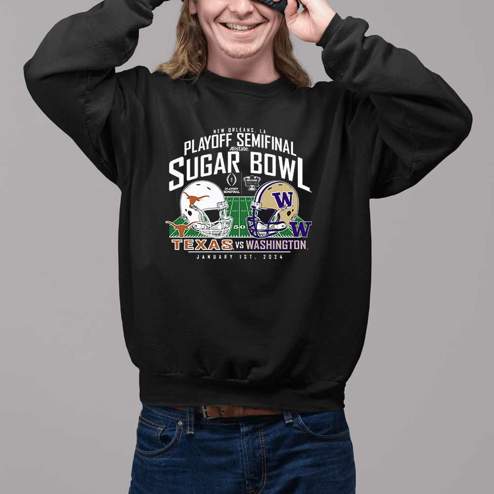 Washington Huskies Vs Texas Longhorns College Football Playoff 2024 Sugar Bowl Matchup T-Shirt 4 Washington Huskies Vs Texas Longhorns College Football Playoff 2024 Sugar Bowl Matchup T-Shirt2