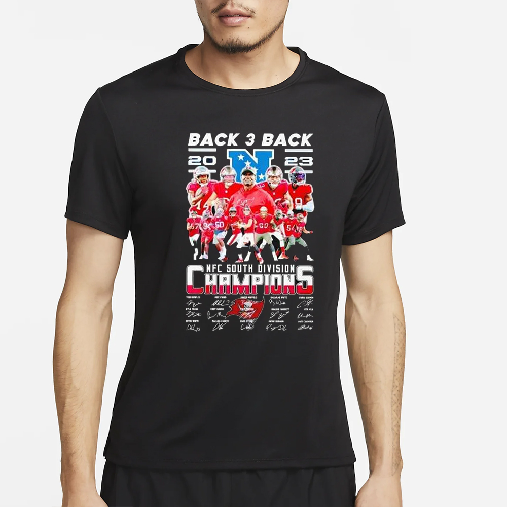 Buccaneers Back 3 Back 2023 NFC South Division Champions signatures T-Shirt 4 Buccaneers Back 3 Back 2023 NFC South Division Champions signatures T-Shirt2