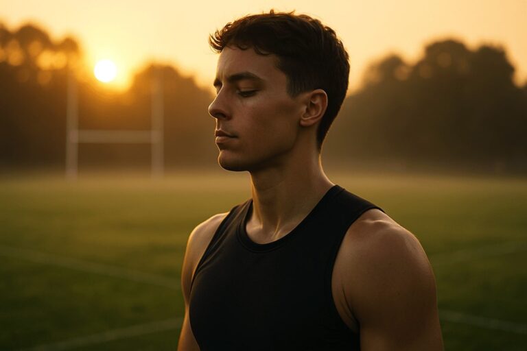 Young male athlete practicing breathing exercises outdoors at sunset.