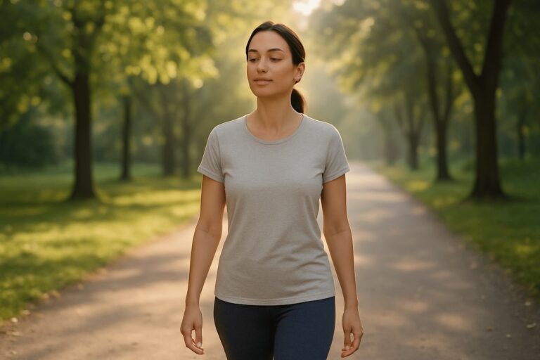Breathing exercise woman walking in park for relaxation and mindfulness.