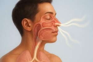 A high resolution medical illustration of a person breathing calmly through their nose with a transparent anatomical overlay showing the nasal cavity sinuses