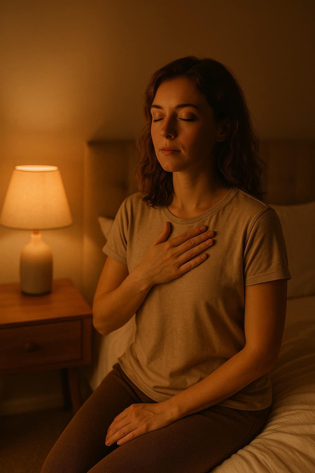 A cozy photograph of a young woman sitting on the edge of her bed in low warm evening light eyes closed practising slow nasal buteyko method breathing before sleep min