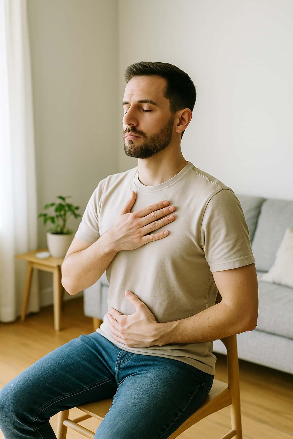 A photograph of a man in his 30s practising the Buteyko Control Pause exercise in a bright, minimalist living room-min