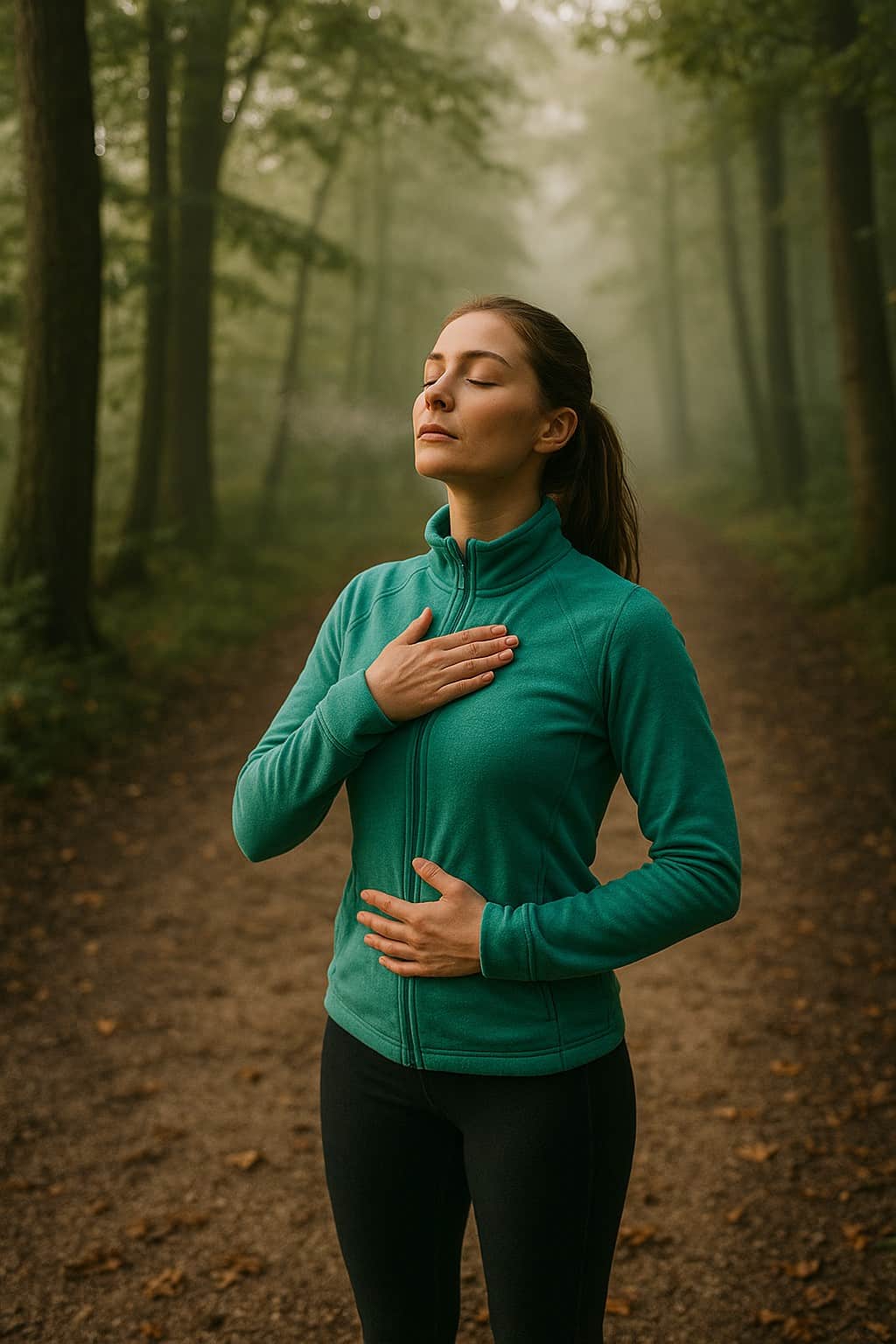 A wide-angle photograph of a woman on a forest trail stopping to practise the Buteyko Control Pause exercise.