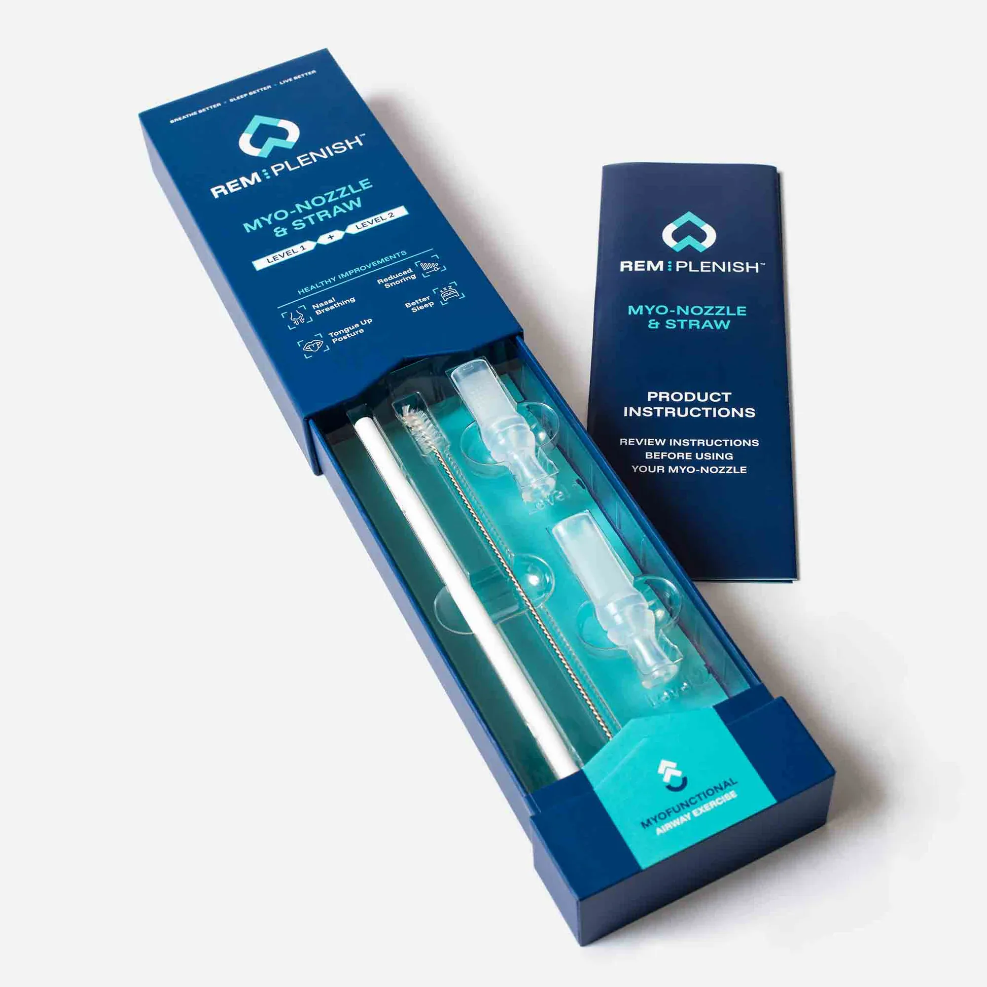 Myo-Nozzle and straw kit for respiratory therapy, level 1 & 2, in blue packaging.