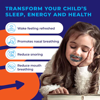Child with nasal strip promoting better sleep and breathing health.
