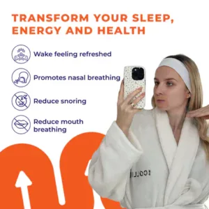 Woman using MyoTape for adults to improve sleep and breathing health.