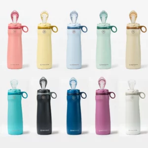 The REMplenish 26oz stainless steel bottle kit shown in all ten colours, each with the Myo-Nozzle and straw.